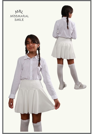 Kız Çocuk Okul Etek Beyaz /ekru Yüksek Bel Içi Şortlu Okul-oyun-spor-23 Nisan Etkinlik Eteği Beyaz