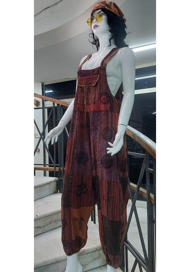 Hint Otantik Yıkamalı Taşlanmış Kahve Tonlu Şalvar Tulum Çok Renkli