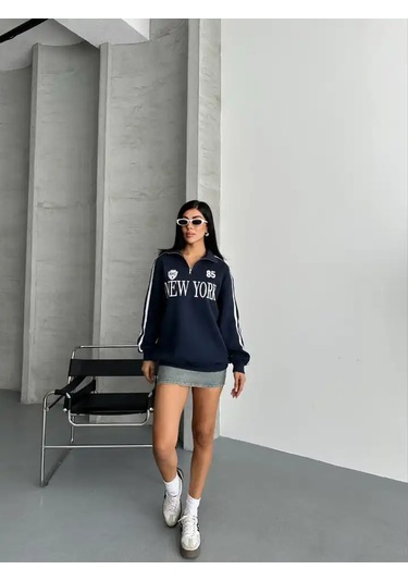 Yarım Fermuarlı Newyork Yazılı Sweat Lacivert