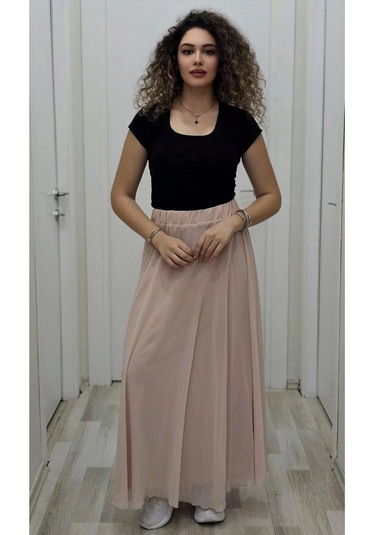 Bel Lastikli Kloş Şifon Etek 6003-pudra Pudra