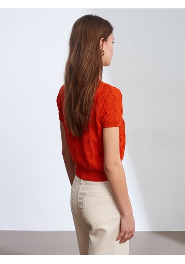 Dilvin 10788 Bisiklet Yaka Dokulu Triko Bluz-oranj Oranj