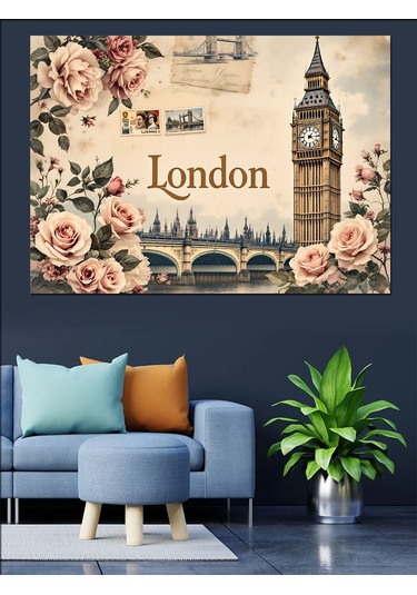 Güller Ve Londra Big Ben Dekoratif Kanvas - Mdf Ahşap Tablo