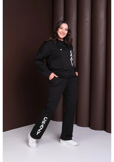 Kapüşonlu Crazy Baskılı Alt-üst Takım Siyah