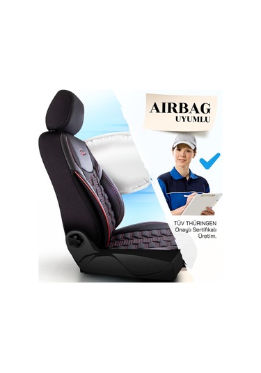 Panda Berlin Serisi Jakar Kumaş Oto Koltuk Kılıfı - Siyah - Kırmızı