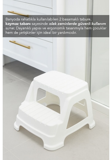 2 Basamaklı Merdiven Tabure - Kaydırmaz Tabanlı Çok Amaçlı Basamak Tabure Beyaz
