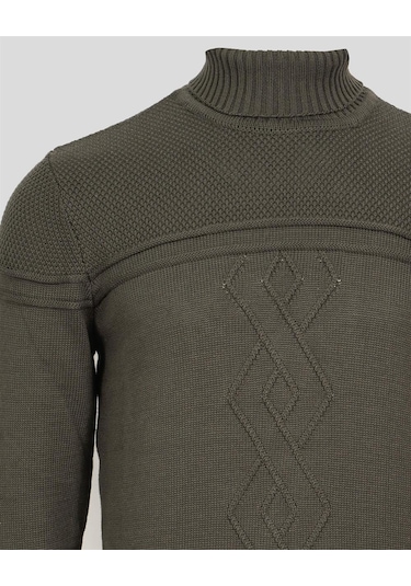 Erkek Tam Boğazlı Örgü Desenli Slim Fit Kazak Ncs Jeans 3659-Haki