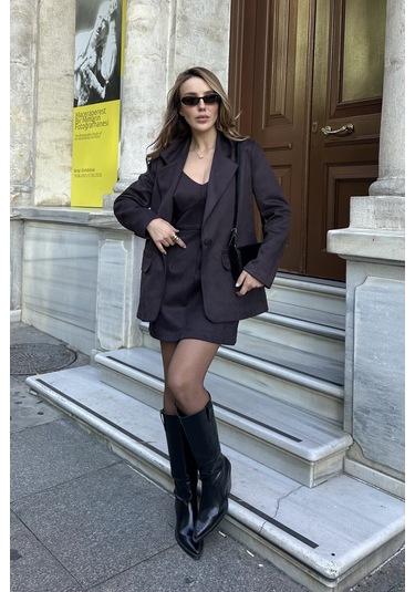 Acı Kahve Süet Elbise Ceket Takım - 242467 Kahverengi