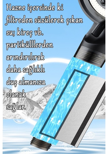 Kustar 5 Fonksiyonlu Çelik Su Tasarruflu Filtreli Turbo Jet Duş Başlığı Siyah
