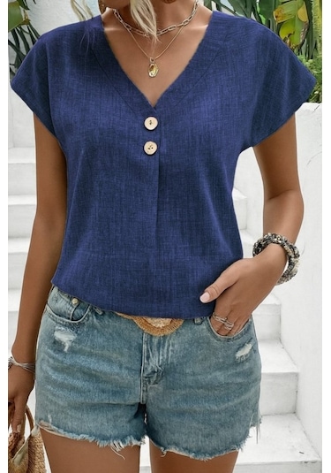 Simala Kadın Kısa Kollu V Yakalı Düğmeli Keten Bluz Mavi