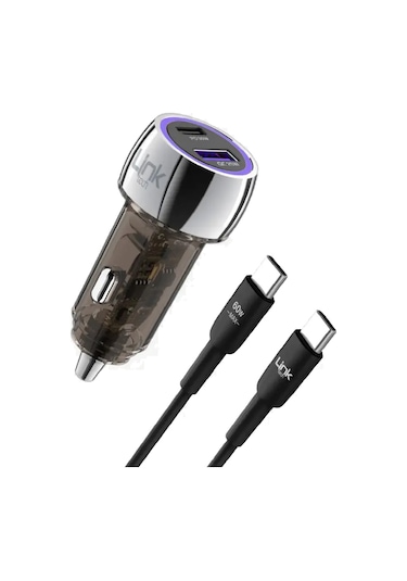 Linktech C437 55w Dual Pd30w + Qc25w Şeffaf Araç Şarj Aleti Type-c To Type-c Kablo Set -