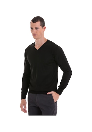 Hatemoğlu Siyah Regular Fit Düz V Yaka Yünlü Triko Kazak Siyah