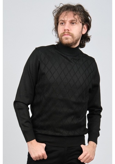 Pave Erkek Yarım Balıkçı Baklava Desenli Yün Kazak 4537220 Siyah Siyah