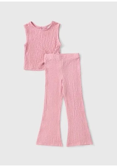 Kız Çocuk Pembe Kolsuz Bluz İspanyol Paça Pantolon Bürümcük Kumaş Takım, Kız Çocuk Takım Pembe
