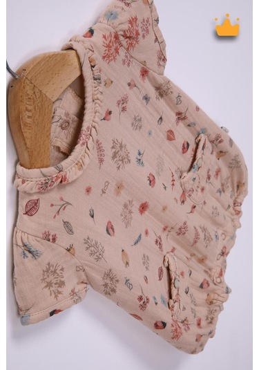 Babyhola Kız Bebek Kısa Müslin Tulum  Pamuk Çiçek Baskılı 12049 Bej