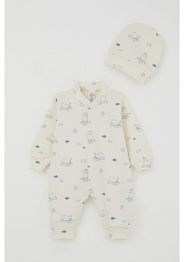 Breeze Erkek Bebek Tulum Sevimli Deniz Hayvanları Desenli 0-6 Ay, Krem Krem