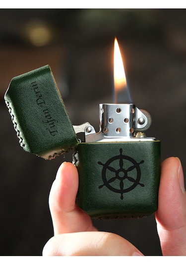 Vagave Yeşil Renk Hakiki Deri Kılıflı Zippo Benzinli Çakmak