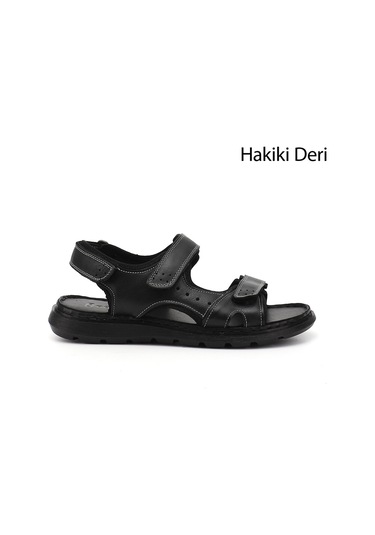 Gönderi R Siyah Ayarlanabilir Cırt Bantlı Hakiki Deri Sandalet Siyah