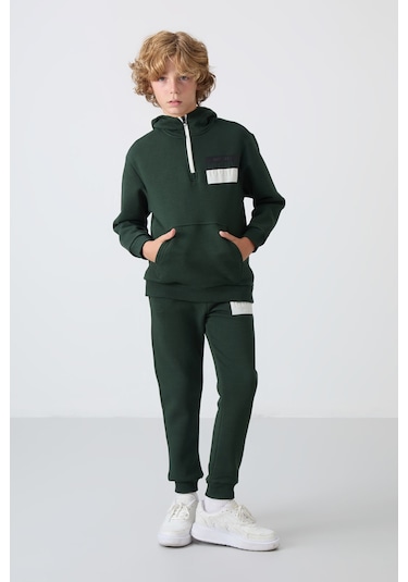 Tommy Life Çam Yeşil Pamuklu Kalın İçi Tüylü Yumuşak Dokulu Standart Fit Baskılı Erkek Çocuk Eşofman Takım - 1 Yeşil