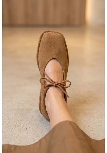 Shoetek Avany Kadın Babet Bağcıklı Taba Süet