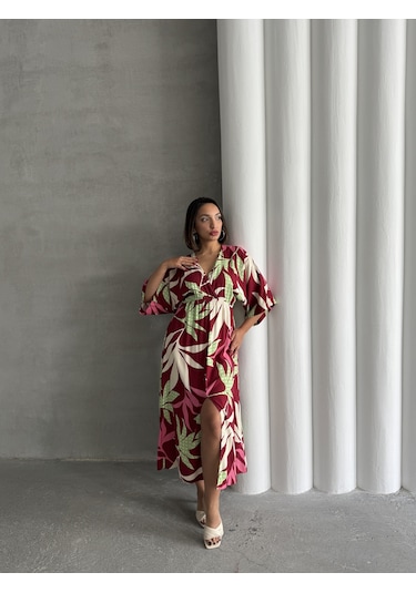 Kadın Kruvaze Yaka Yırtmaçlı Uzun Yazlık Elbise Bordo