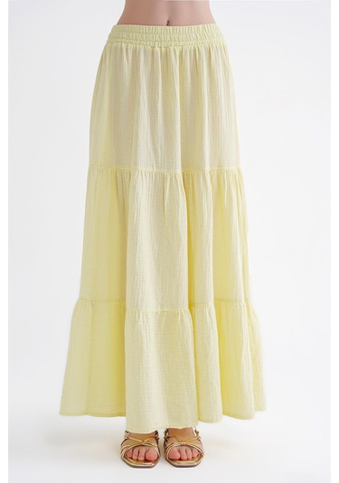 4567 Kadın Fırfırlı Uzun Müslin Etek Pastel Sarısı Pastel Sarısı