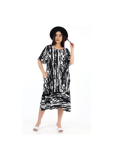 Schık Kadın Viskon Yarım Kol O Yaka Cepli Fırfırlı Elbise Siyah Siyah