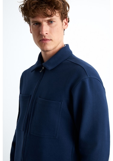 Calpe Erkek Skuba Interlok Kumaşlı Organik Pamuklu Fermuarlı Cepli Şık Gömlek Tipi Lacivert Ceket