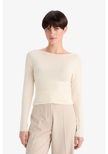 Defacto Modal Kaşmir Yumuşak Dokulu Kayık Yaka Uzun Kollu Üst-fall İn Love F2264ax25auer100 Ekru