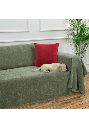 Jakarlı Şönil Koltuk Örtüsü Çekyat Örtüsü Koltuk Şalı 175x350 Kaymaz Sage Yeşil Yeşil