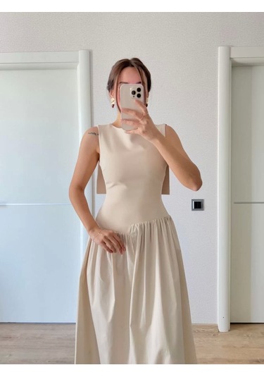 Krep Arkası Kanat Arka Ön Pens Detaylı Uzun Kadın Elbise - Bej Bej