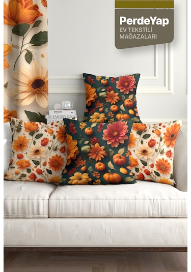 Bal Kabağı Ve Rengârenk Çiçekler Desenli 4'lü Kırlent Kılıfı