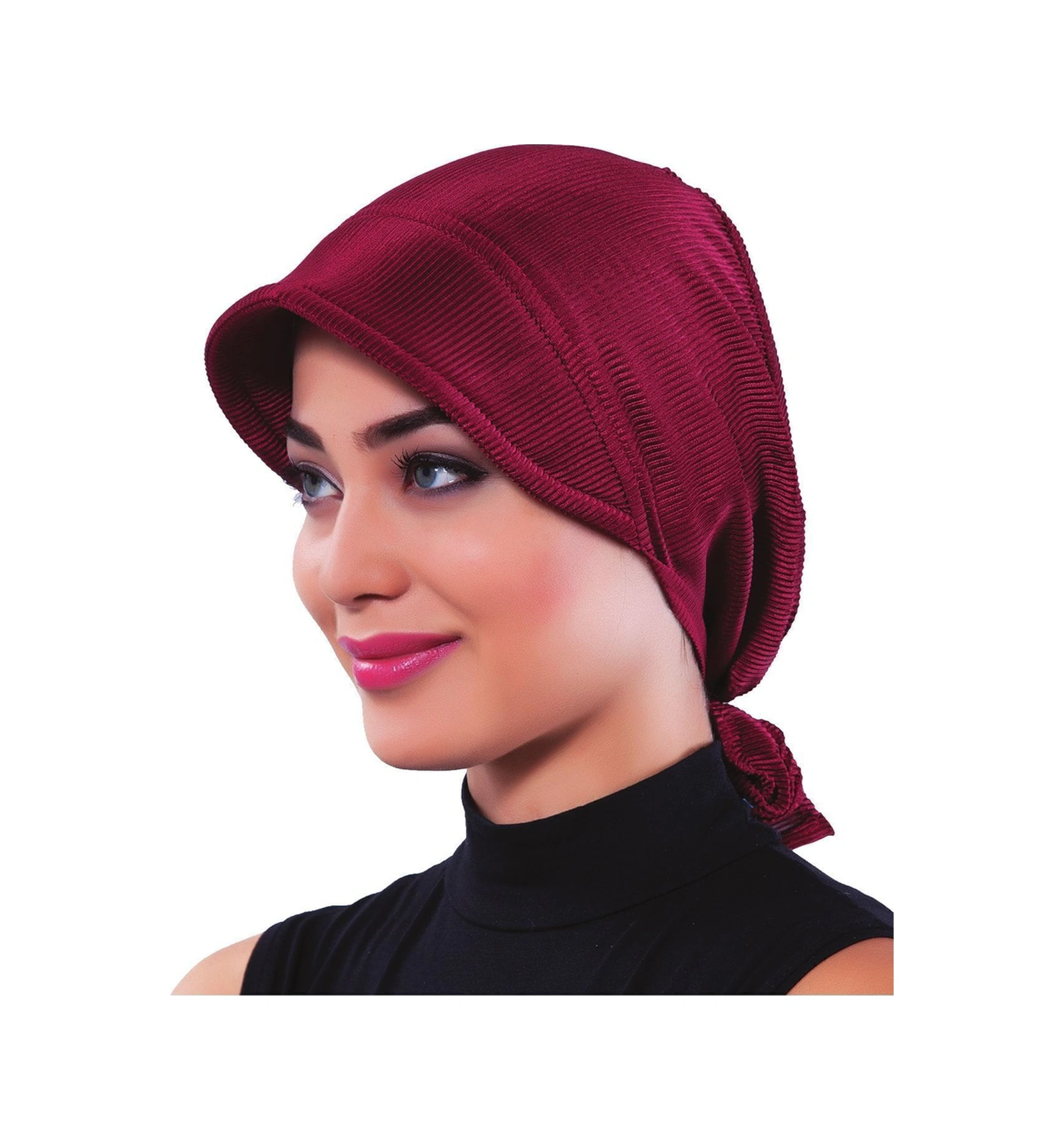 Plise Şapka Bordo Hazır Türban Tesettür Havuz Bonesi Bordo