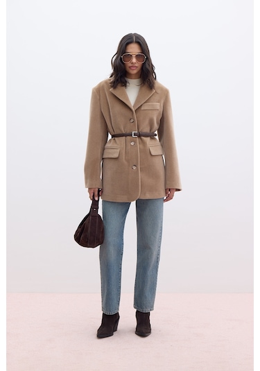 Kemerli Kaşe Ceket Camel Camel