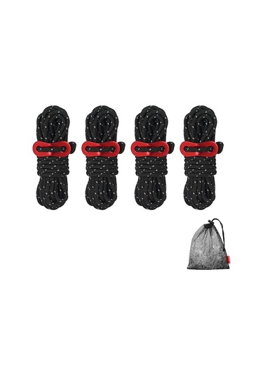 "4mm Dayanıklı Kamp İpi Seti - 4 Parça Rüzgar Dirençli Çadır Bağı & Taşıma Çantası" Siyah Siyah