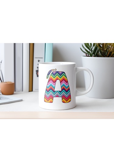 A Harfi Renkli Zigzag Desenli Kupa Bardak - Afrika Tarz Etnik Tasarım Kupa - Kişiye Özel Beyaz