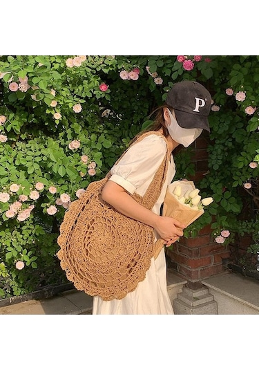 Novahub Koyu Kahverengi Bohem Tarzı Hasır Örgü Plaj Çantası - El Yapımı Omuz Çantası 40cm Koyu Kahverengi