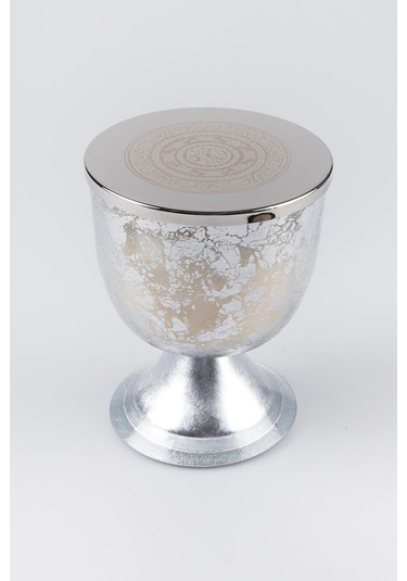 Gümüş Varak Eskitme Ayaklı Cam Mumluk Kokusuz Mum Logo Kapaklı Orta 12x15 Cm