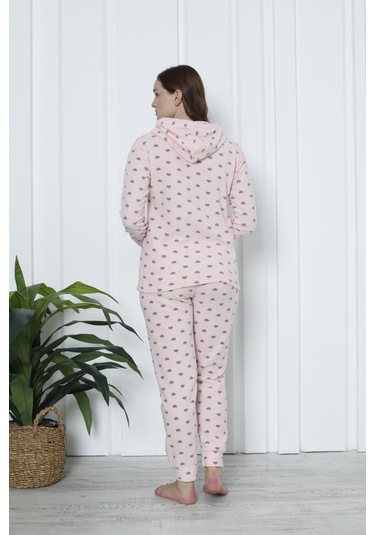 Fawn 3903 Peluş Welsoft Polar Kışlık Kapşonlu Kadın Pijama Takımı Soft Pembe