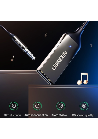Cbtx Ugreen Araba Bluetooth 5.0 Adaptörü Usb 3.5mm Aux Ses Müzik Kablosuz Alıcı Eller Serbest Adaptörü