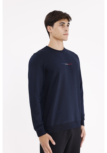 Rowinger Minimal Göğüs İşlemeli Rahat Kalıp Esnek Manşetli Mevsimlik Bisiklet Yaka Sweatshirt Navyblue