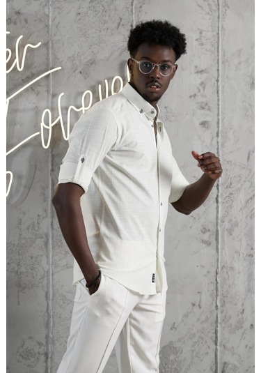 Advante İnce Çizgili Yaka Düğmeli Katlamalı Kol Pamuklu Slimfit Yazlık Keten Gömlek Yeşil