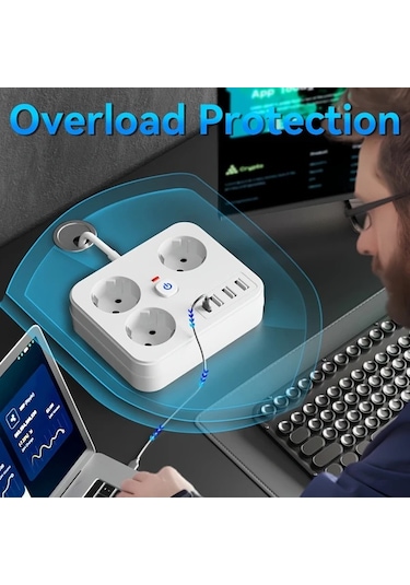 Motion003 7si 1 Arada Guc Seridi 3 Ac Cikisi 3 Usb 1 Tip C Asiri Yuk Korumasi Duvara Monte Beyaz 1524cm