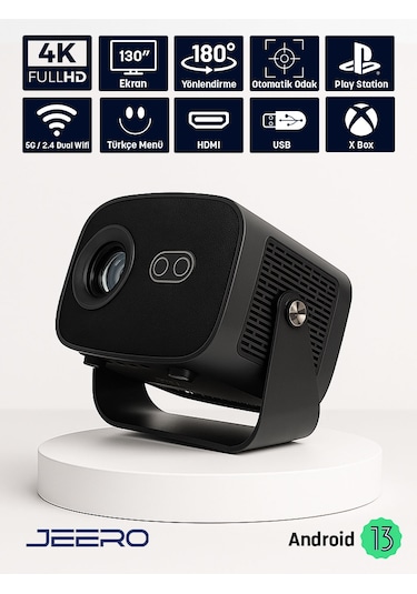 Jeero 4k Smart Cinema Portable Projector Auto Focus / Android Türkçe Menü