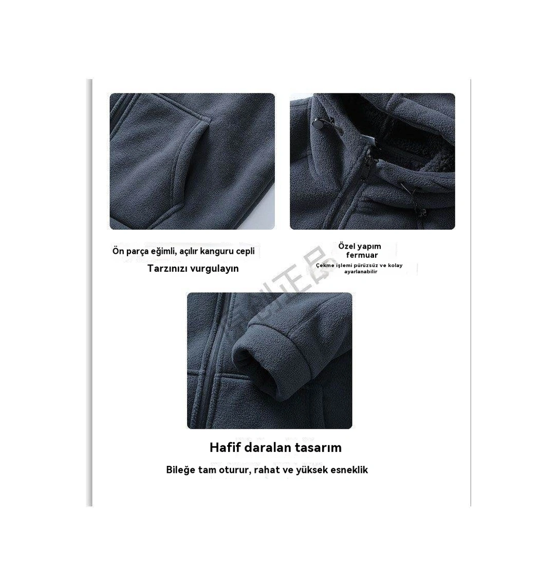 Peluş Sıcak Çift Katmanlı Kalın Günlük Kapüşonlu Ceket Gri-turkuaz