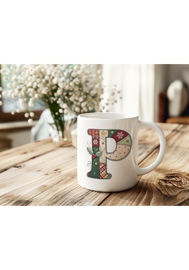 P Harfi Yılbaşı Temalı Kupa Bardak - Yeni Yıl Konsept Yamalı Efekt Tasarım - Noel Hediye Beyaz