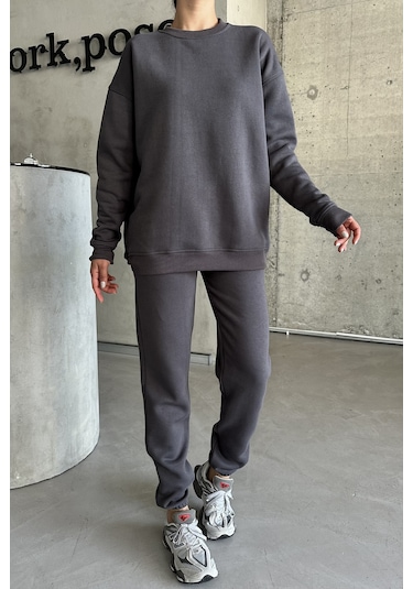 Modagen Antrasit Bisiklet Yaka Düz Oversize Alt-üst Eşofman Takımı Antrasit