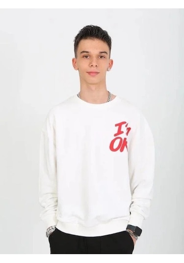 Çocuk I'm Ok Yazılı 2 İplik Sweatshirt-15233 Ekru
