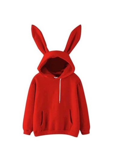 Novahub Kırmızı Kadın Kapüşonlu Sweatshirt - Tavşan Kulak Dekorlu, Uzun Kollu, Rahat Kışlık Üst Kırmızı