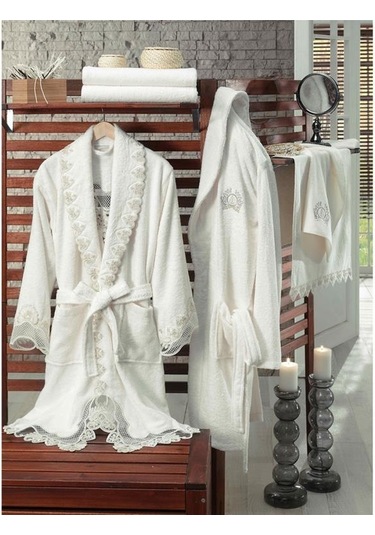 Dantela Love Fransız Güpürlü Bornoz Seti Krem Krem (541550495) Krem