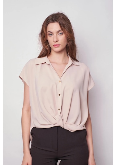 Likrasız Şık Kumaş Yakalı Düşük Omuzlu Önü Pileli Gömlek-bej Bej